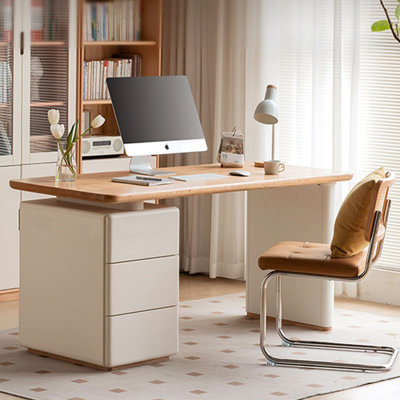 Burlywood,White Rectangular Solid Wood Executive desk with drawers desk