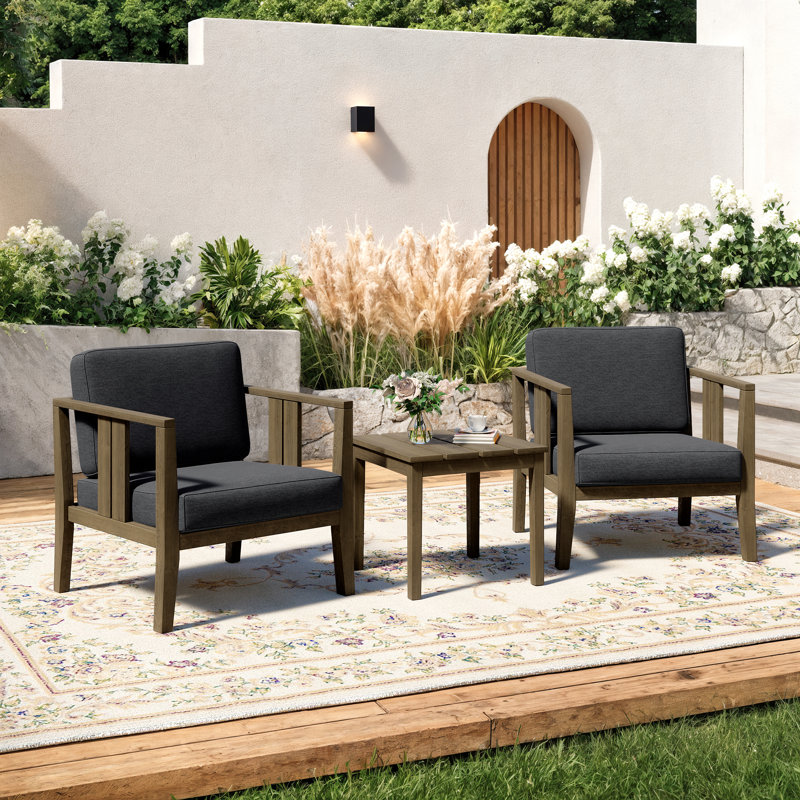 Polett Teak Outdoor Two-Person Patio Set With Cushions And Side Table, Brown, Dark Gray