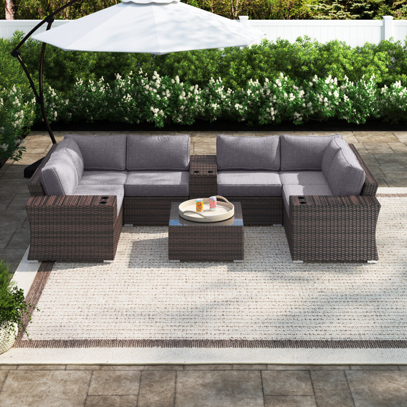 Ensemble de conversation modulaire avec coussins 10 pièces Saffi, Brun, Oléfine grise