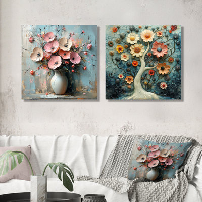 Rose et bleu marguerites botaniques Rêves I - marguerites murales - Art mural traditionnel pour le salon 2 pièces