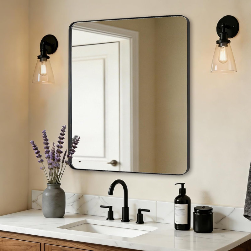 Inse Modern Rounded Rectangle Bathroom Vanity Mirror | Stainless Steel Frame, Matte Black, 30" x 24"