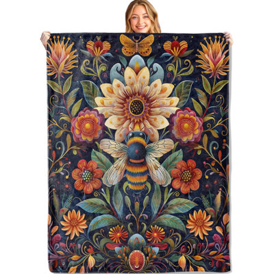 Jeté d'abeille et de fleurs en flanelle décorative douce et légère idéale pour les bureaux et les voyages