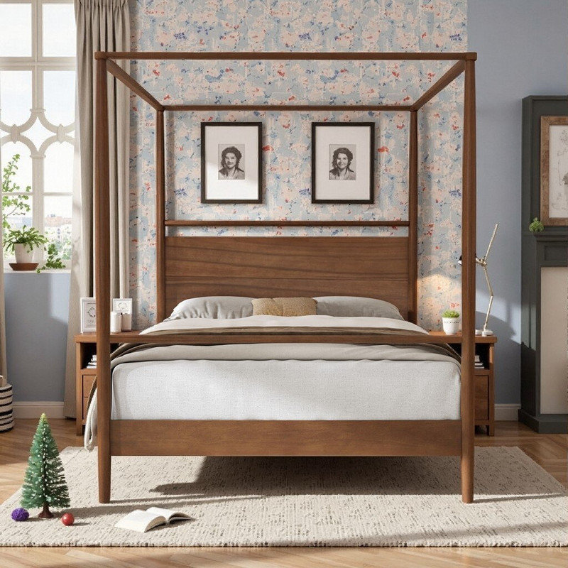 Base de lit à baldaquin en bois massif avec base à lattes Dormal, 79,70 po L × 57,20 po l × 75,40 po H