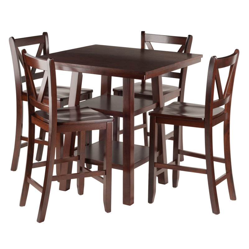 Hallatrow 5-pc Counter Height Dining Set in Walnut Finish, 35.87'' H X 33.51'' W X 33.51'' D, 5 Pieces: 1 Table, 4 Chairs