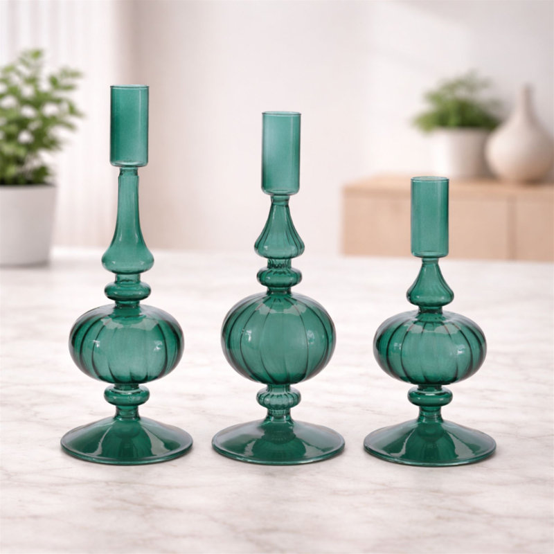 Ribbed Glass Taper Candle Holder, 9" H x 3.25" W x 3.2" D, Green