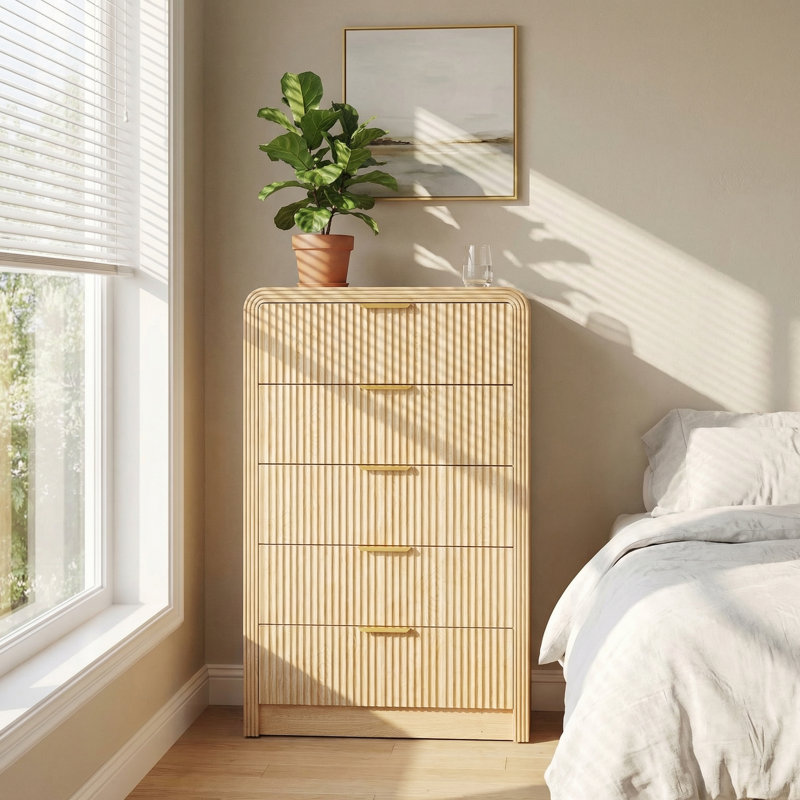 Commode cannelée à 5 tiroirs, commode moderne H 48 po avec bords arrondis et poignées en métal, chêne naturel, Chêne
