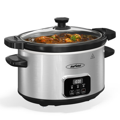 Mijoteuse programmable de 4 pintes, mijoteuse numérique avec minuterie, 3 modes de cuisson, couvercle verrouillable, marmite en céramique lavable au lave-vaisselle, couvercle en verre, acier inoxydable