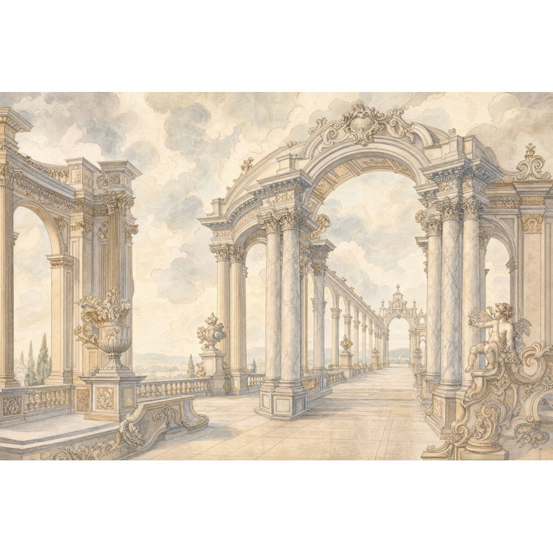 Papier peint mural représentant une terrasse de palais classique avec un ciel nuageux, 140"x108", Peel and Stick