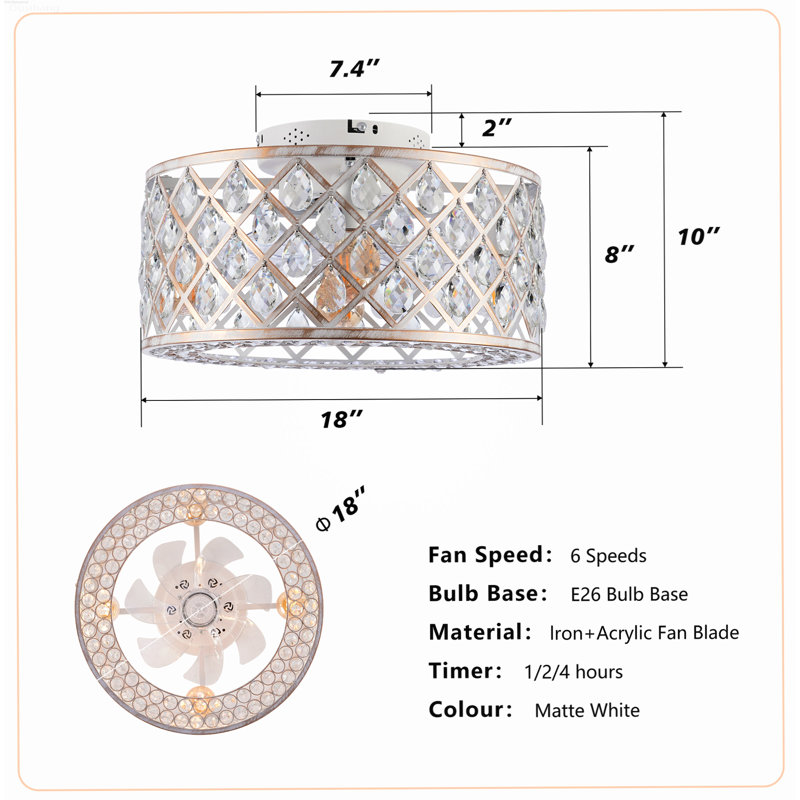 Ventilateur de plafond encastré avec moteur à courant continu réversible 6 vitesses avec télécommande, Model C
