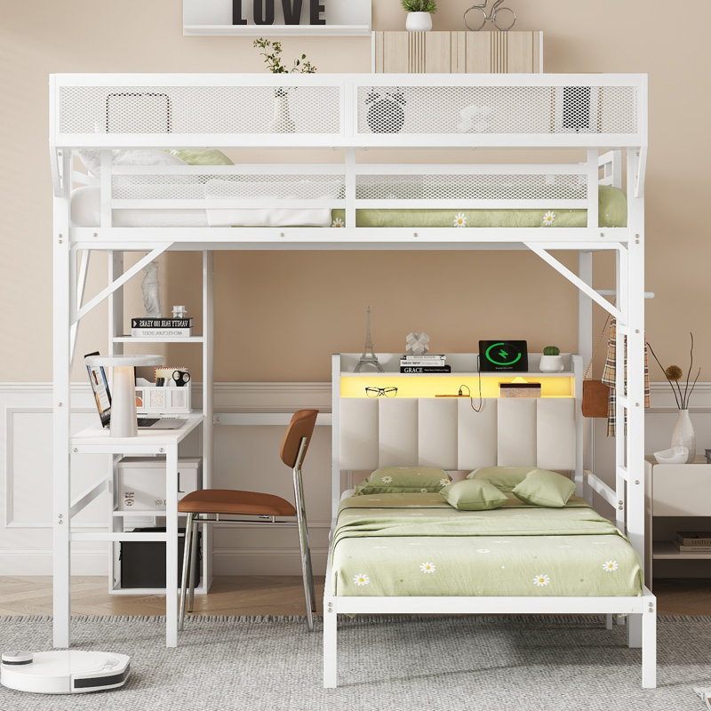 Lit superposé amovible en métal peu encombrant avec bureau et éclairage à DEL, mobilier de chambre moderne