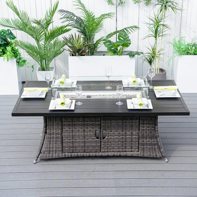 Merjen Rectangle Wicker Aluminum Outdoor Propane Fire Pit Dining Table, Brown