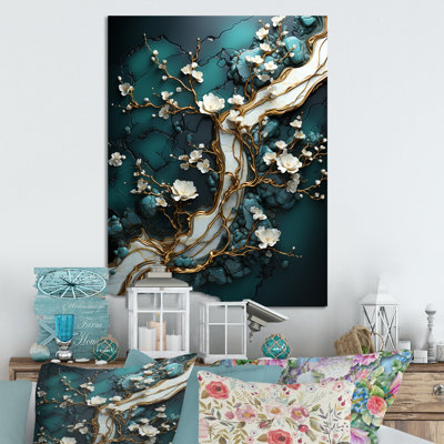 Gold And Emerald Ancient Bonsai  V - Abstract Tree Marble Metal Wall Art