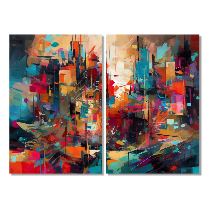 Exploration de la tranquillité abstraite II - grande décoration murale géométrique abstraite 2 pièces, 36'' H x 48'' W