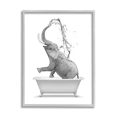 Monochrome Elephant Bathing Splashing Water Bathtub  Gray Farmhouse Rustic Framed Giclee Texturized Art by Annalisa Latella