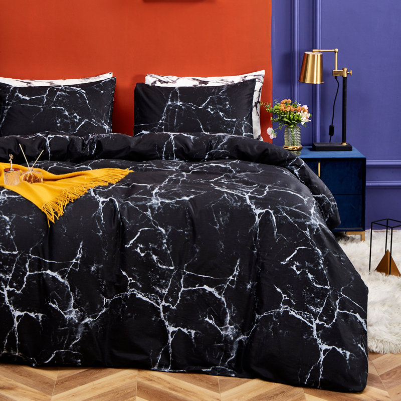 Comforter Set Geometric Bedding Set 3 Pieces Strips Grid Comforter Set, Twin Comforter + 2 Pillowcases, Black Marble