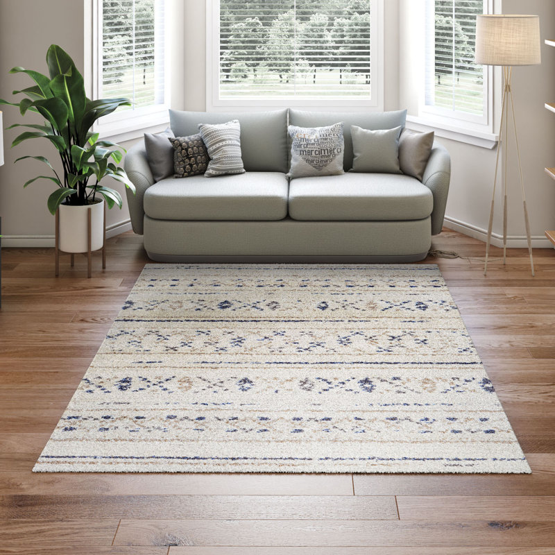 Tapis géométrique ivoire / bleu marine / taupe Becton, Rectangle 9 pi 2 po x 12 pi 9 po