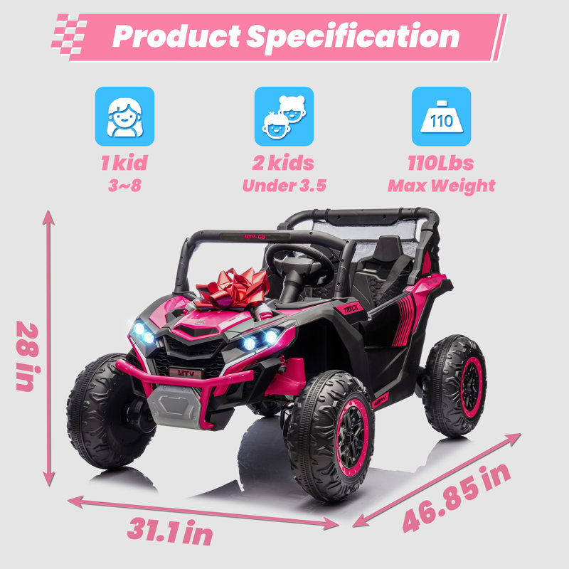 24V Kids Ride On Car UTV rose, véhicule électrique 2 places pour tout-petits avec télécommande, musique, Bluetooth, ceintures de sécurité