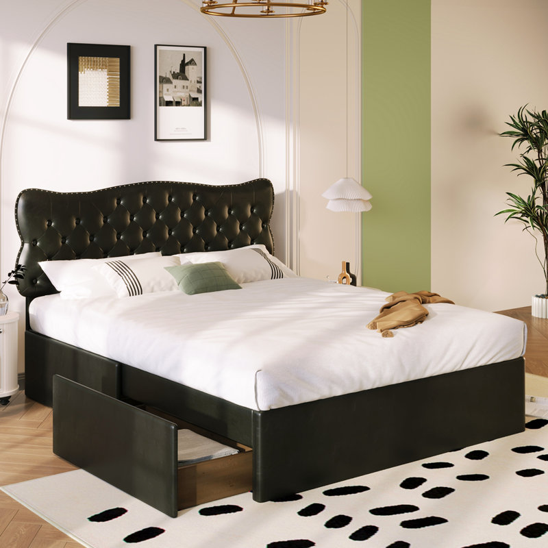 Lit plateforme tapissier en cuir avec 4 tiroirs de rangement, Noir, Grand lit