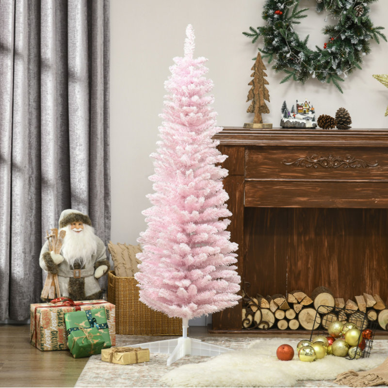 Arbre de Noël artificiel enneigé 5 pi, arbre de Noël mince avec branches réalistes et base en plastique pour décoration d'intérieur, rose