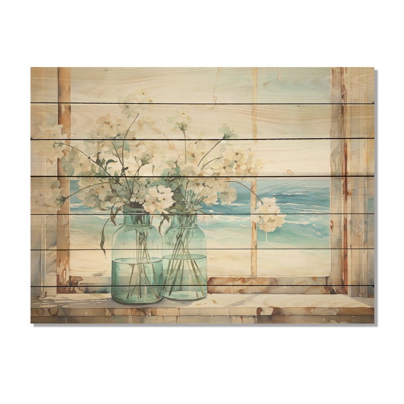 Blue Window Beachfront View Blooms I - Coastal Windows On Wood Print, 24" H x 32" W x 0.78" D
