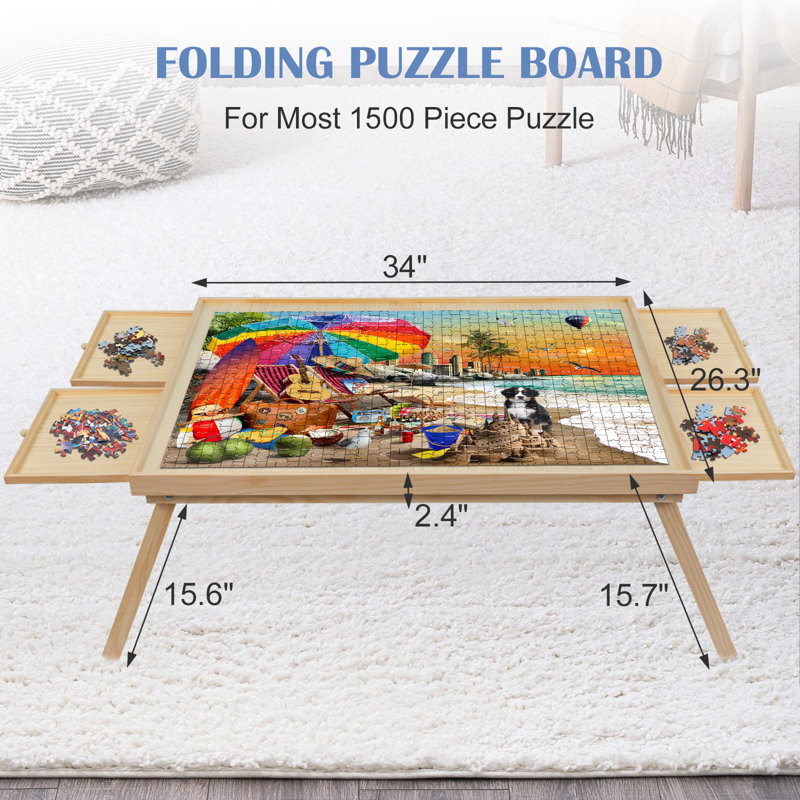 Wooden Jigsaw Puzzle Table for 1500 Piece Puzzles, with Folding Legs, 4 Drawers,1 Set of Accessories