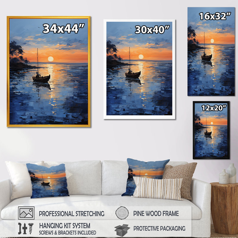 Coucher de soleil bleu au coucher de soleil II - art mural coucher de soleil côtier, Cadre flottant brun, H 32 po x l 16 po