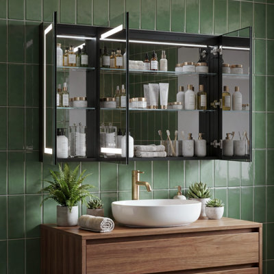 Armoire à pharmacie à 3 portes avec miroir, éclairage DEL, étagères réglables, fonction antibuée et éclairage 3 couleurs à intensité variable, pour salle de bain