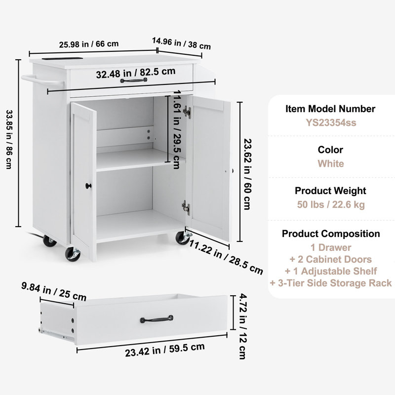 Chariot pour îlot de cuisine, chariots mobiles de 32 po avec armoire de rangement, table roulante avec prise de courant, support à épices, barre à serviettes, tablette réglable, tiroir, îlot de cuisine portatif sur roulettes, blanc