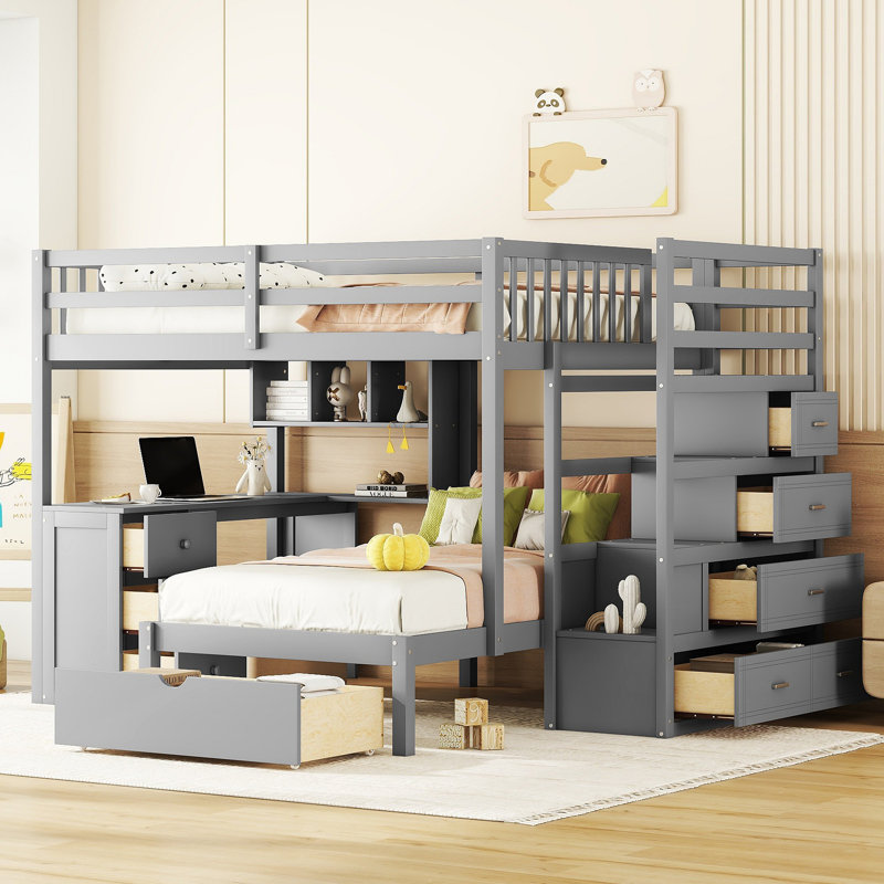 Lit superposé avec bureau, tiroirs et tablettes, Gris