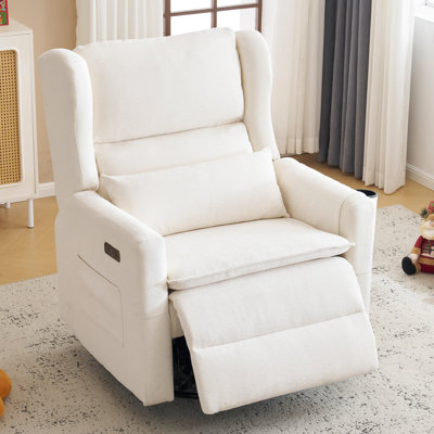 Oversized Swivel Rocker Recliner Chair, 26" Extra Wide Glider Nursery Chair with Adjustable Headrest, Chenille Power Recliner Rocking with Double Cushion, Cup Holder，White