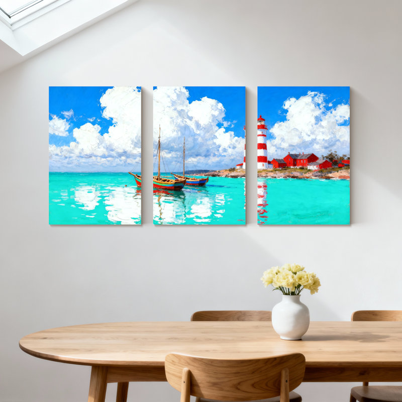 Nautique plage bateau phare ciel eau nuages réflexion rouge ensemble de 3 impressions sur toile, H 18 po x l 36 po