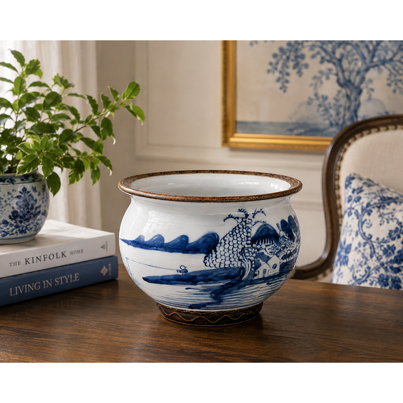 Bol d'eau décoratif en porcelaine bleue et blanche, l 9 po x H 7 po
