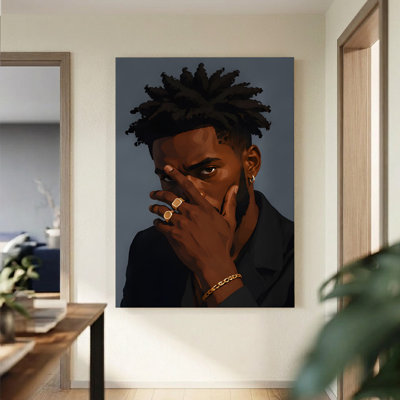 1Pc Framed Canvas Poster Print Portrait of a Black man: Hand covering mouth, Digital Art Style. Wall Art Decor, Perfect for Room Decor Living Room Bedroom Office Kitchen Bathroom Home Decor, Ideal Home Wall Decoration Gift, 2D Flat
