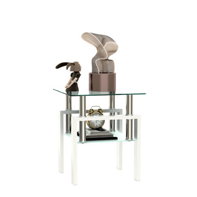 Table basse carrée en verre trempé Grace pour salon, transparente/blanche, 44,3 cm L x 44,3 cm l x 52,1 cm H, capacité de 68 kg, facile à monter et à nettoyer, décoration moderne et pratique.
