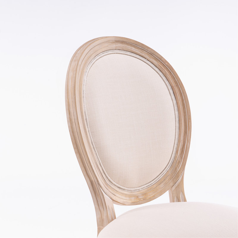 Chaise de salle à manger style français avec structure en bois massif et dossier ovale en lin, ensemble de 2