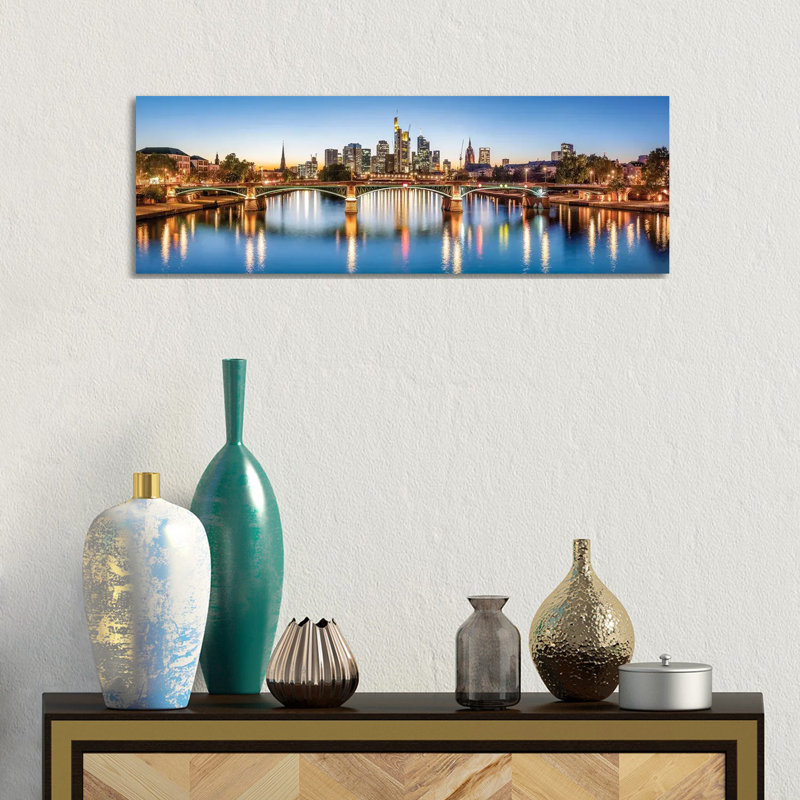 Frankfurt Central Business District and Ignatz-Bubis-Brücke (Ignatz Bubis Bridge) at Night, Hesse, Germany 1 Piece Wrapped Canvas Panoramic Wall Art