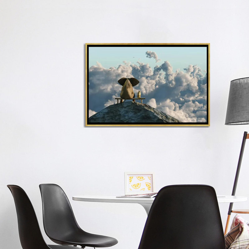 Elephant and Dog sit on a Mountain Top par Mike Kiev-reproduction d’art, H 26 po x l 40 po x 1,5 po, Toile encadrée d'or