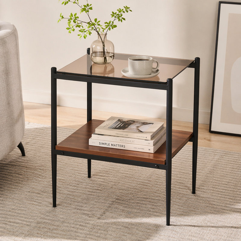 Table de bout rectangulaire polyvalente avec plateau en verre trempé et fabrication en panneau de fibres à densité moyenne durable pour le salon