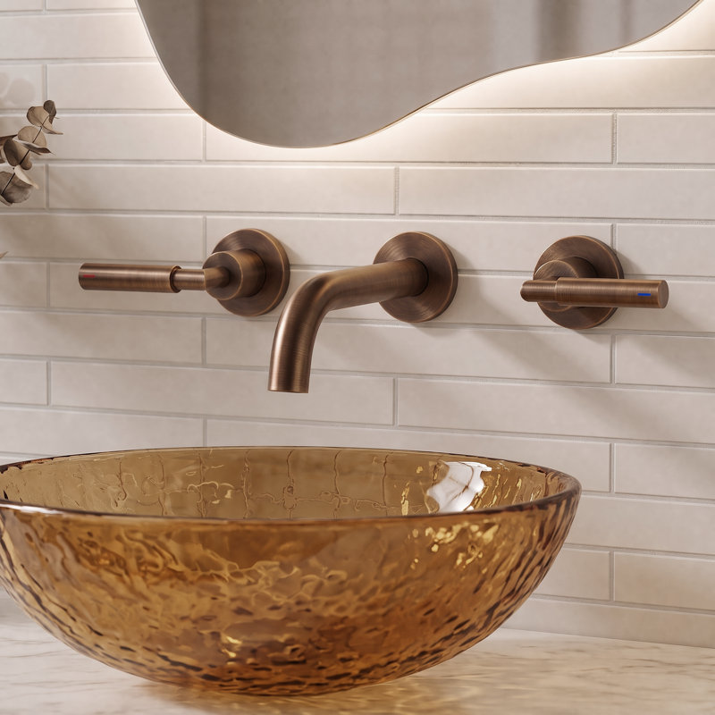 Robinet de lavabo de salle de bain mural à deux trous en laiton massif à 3 trous avec bonde, Bronze frotté à l'huile