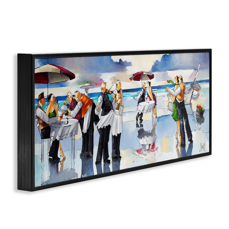 «Fancy Dinner on Beach», estampe numérique encadrée par Ronald West, Giclée encadrée noir minuit, H 10 po x l 24 po