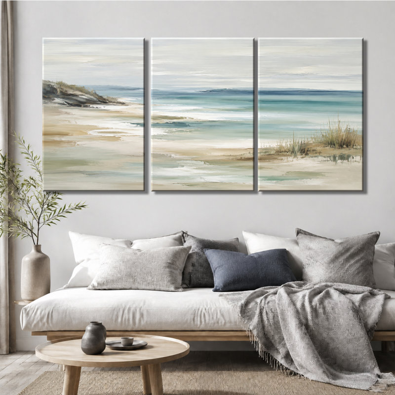Tableau à trois panneaux, paysage de plage côtière neutre, impression sur toile tendue, 16*24inch*3