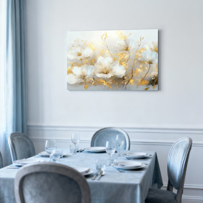 Ensemble de 1 tableau abstrait floral sur toile tendue, motif de fleurs blanches et accents dorés