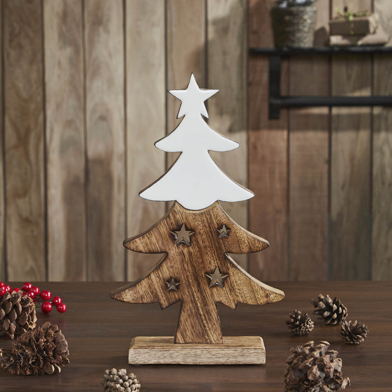Figurine d'arbre de Noël blanc en bois naturel, H 13,75 po x l 8,25 po x P 2 po