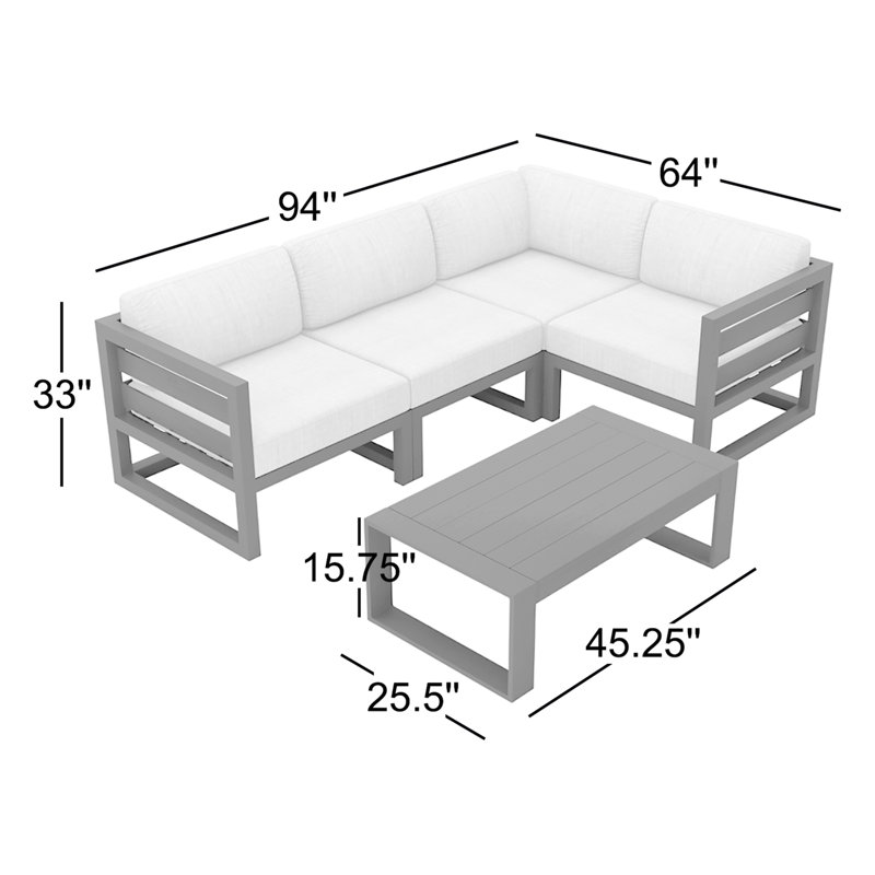 Avion 5 Piece Sectional Set - Black, Canvas Charcoal Sunbrella® Canvas, Slate