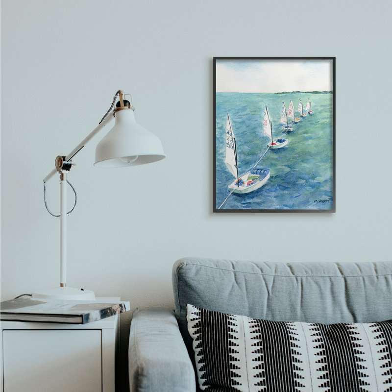 Voiliers flottant dans une rangée de paysage côtier, H 30 po x l 24 po, Giclée encadrée noir minuit
