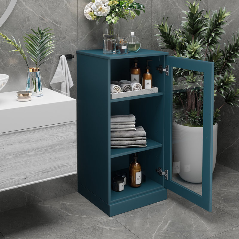 Armoire de salle de bain 100% bois massif 16,5 po avec porte en verre transparent et tablettes réglables, Bleu sarcelle