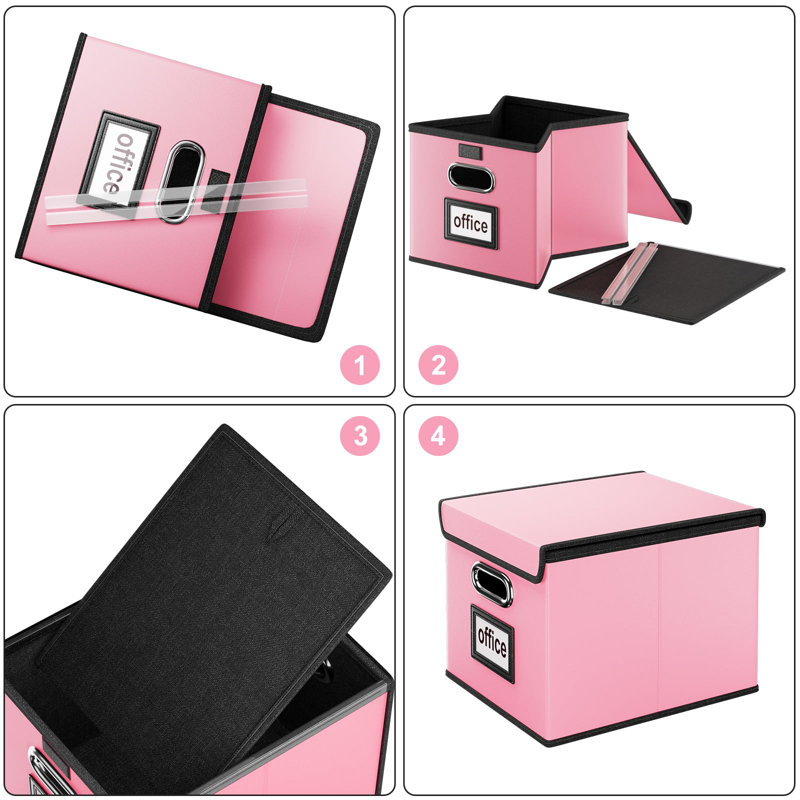 Pink Leather Collapsible File Organizer Box with Lid