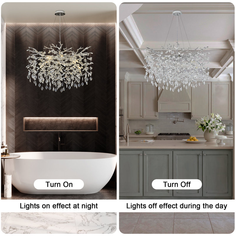 Tree Branch Crystal Chandelier Lighting, 15.7" H x 23.6" W x 23.6" D, Silver/White, 8
