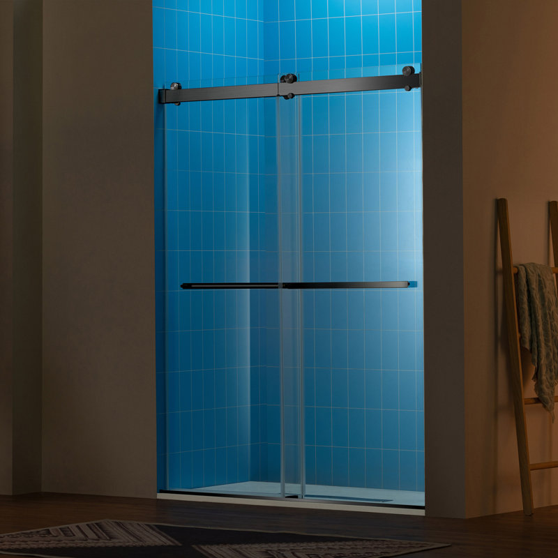 Porte de douche coulissante double sans cadre avec système de fermeture en douceur WOODBRIDGE, largeur de 56 à 60 po x hauteur de 80 po avec verre trempé transparent de 3/8 po (10 mm)