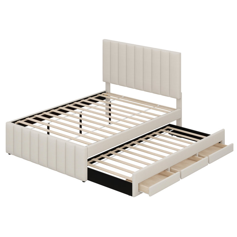 Lit plateforme tapissier avec lit gigogne et 3 tiroirs, Beige